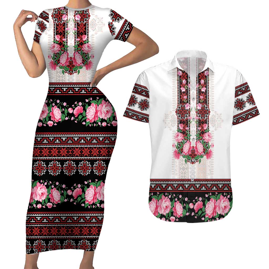 Red Romanian National Costume Couples Matching Short Sleeve Bodycon Dress and Hawaiian Shirt Peony Flowers Traditional Folk Pattern - Wonder Print Shop