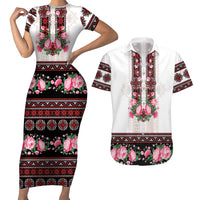 Red Romanian National Costume Couples Matching Short Sleeve Bodycon Dress and Hawaiian Shirt Peony Flowers Traditional Folk Pattern - Wonder Print Shop