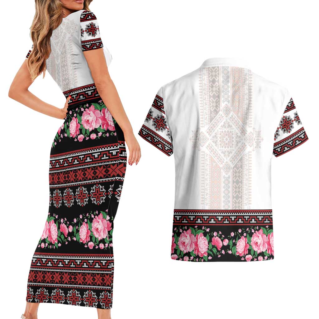 Red Romanian National Costume Couples Matching Short Sleeve Bodycon Dress and Hawaiian Shirt Peony Flowers Traditional Folk Pattern - Wonder Print Shop