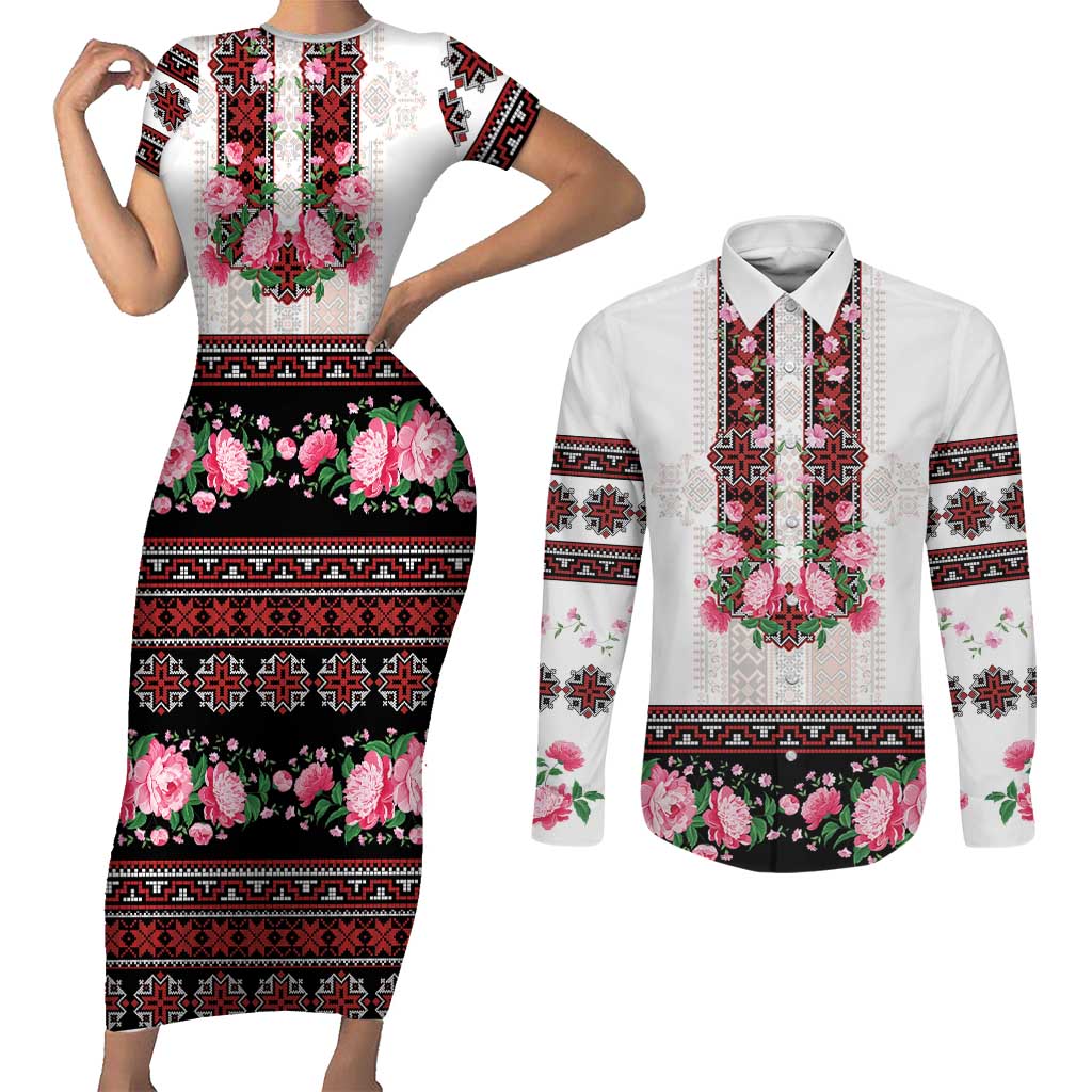 Red Romanian National Costume Couples Matching Short Sleeve Bodycon Dress and Long Sleeve Button Shirt Peony Flowers Traditional Folk Pattern - Wonder Print Shop