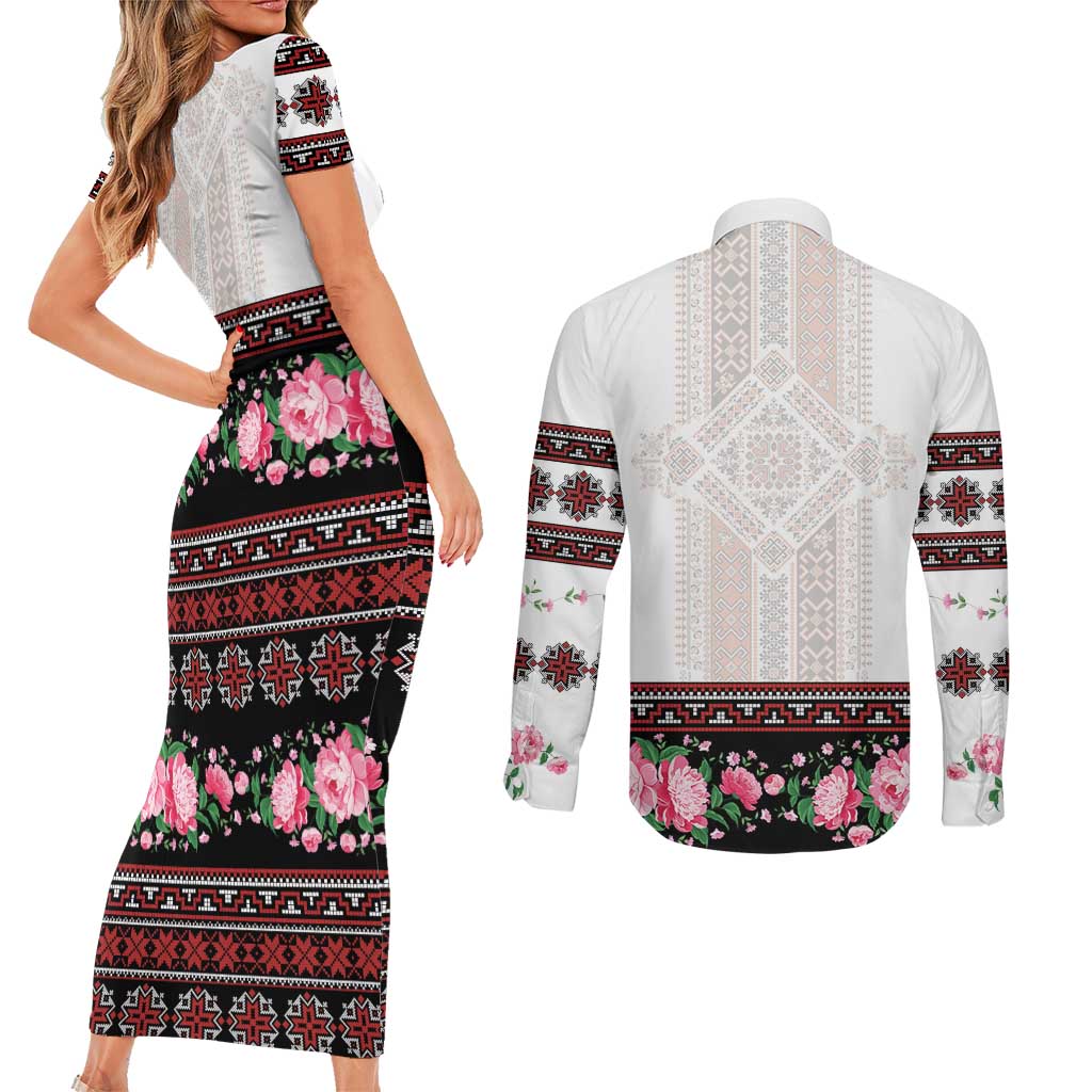 Red Romanian National Costume Couples Matching Short Sleeve Bodycon Dress and Long Sleeve Button Shirt Peony Flowers Traditional Folk Pattern - Wonder Print Shop