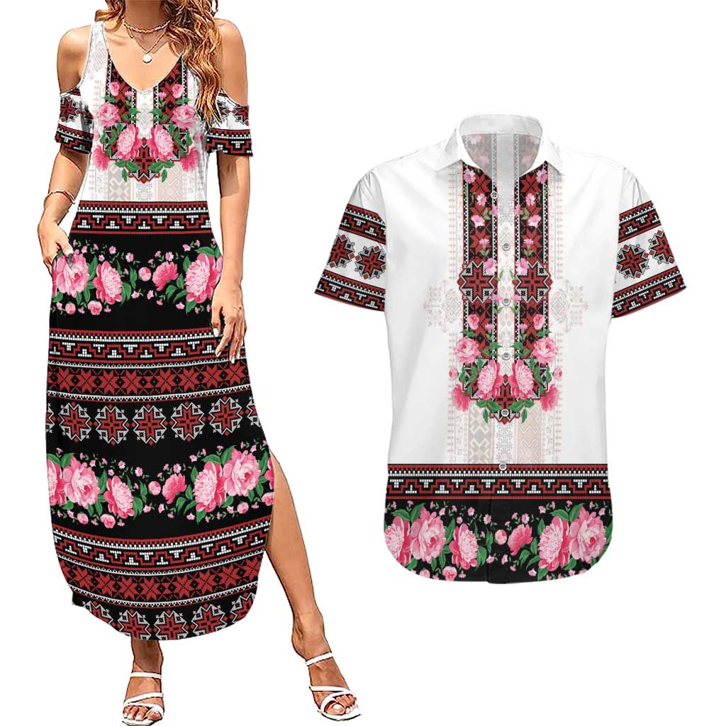 Red Romanian National Costume Couples Matching Summer Maxi Dress and Hawaiian Shirt Peony Flowers Traditional Folk Pattern - Wonder Print Shop