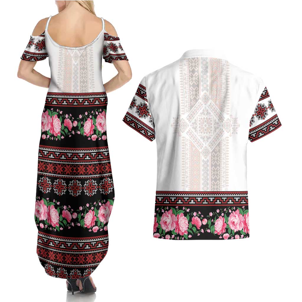 Red Romanian National Costume Couples Matching Summer Maxi Dress and Hawaiian Shirt Peony Flowers Traditional Folk Pattern - Wonder Print Shop