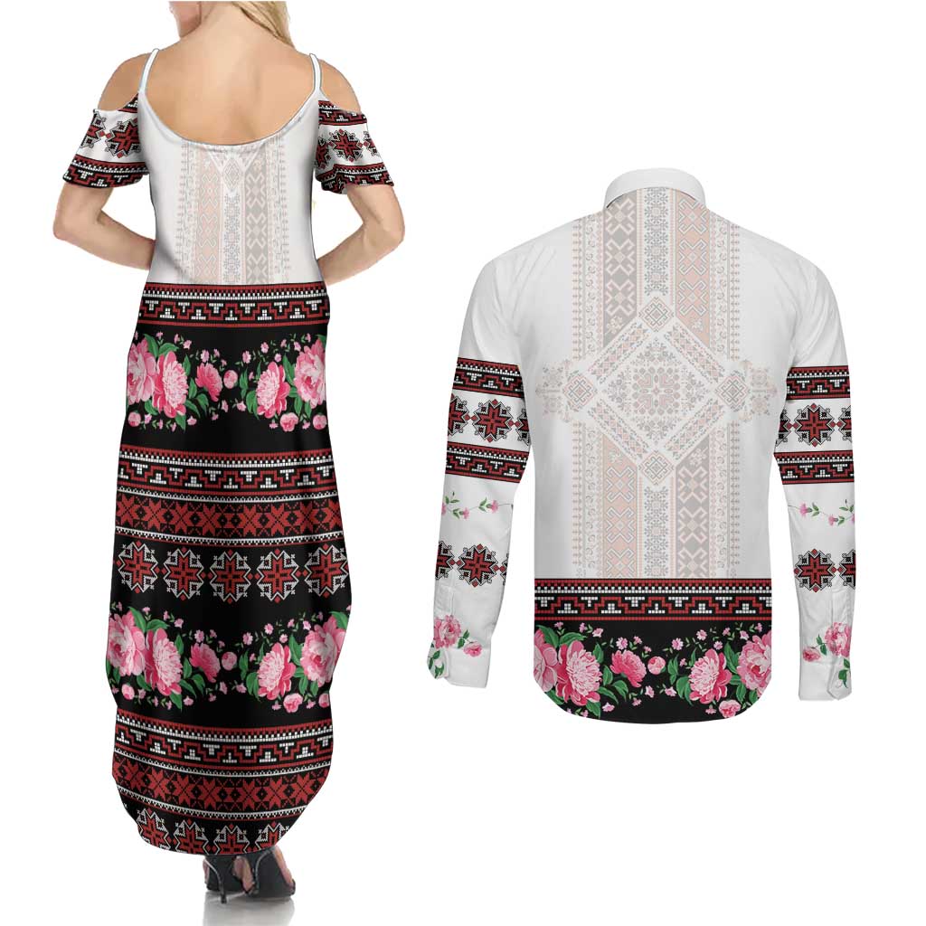 Red Romanian National Costume Couples Matching Summer Maxi Dress and Long Sleeve Button Shirt Peony Flowers Traditional Folk Pattern - Wonder Print Shop
