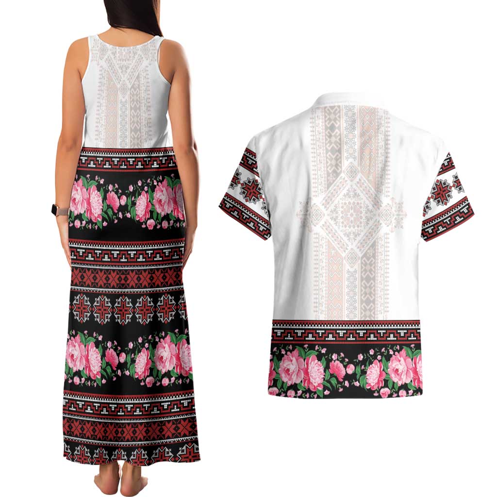 Red Romanian National Costume Couples Matching Tank Maxi Dress and Hawaiian Shirt Peony Flowers Traditional Folk Pattern - Wonder Print Shop