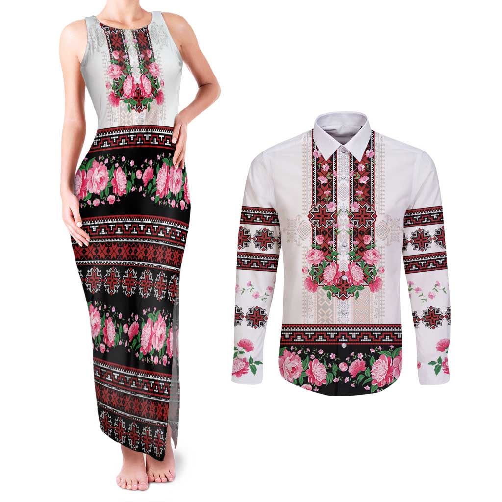 Red Romanian National Costume Couples Matching Tank Maxi Dress and Long Sleeve Button Shirt Peony Flowers Traditional Folk Pattern - Wonder Print Shop