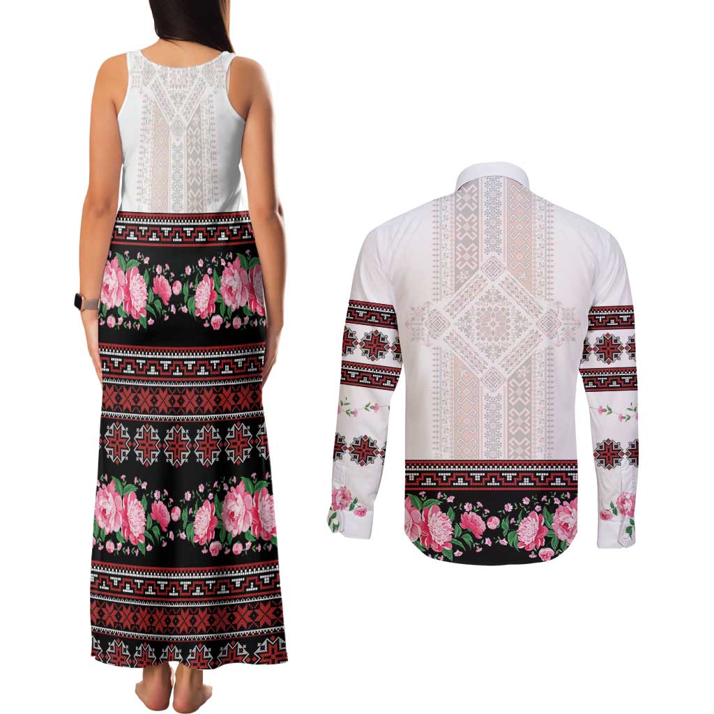 Red Romanian National Costume Couples Matching Tank Maxi Dress and Long Sleeve Button Shirt Peony Flowers Traditional Folk Pattern - Wonder Print Shop