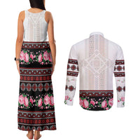 Red Romanian National Costume Couples Matching Tank Maxi Dress and Long Sleeve Button Shirt Peony Flowers Traditional Folk Pattern - Wonder Print Shop