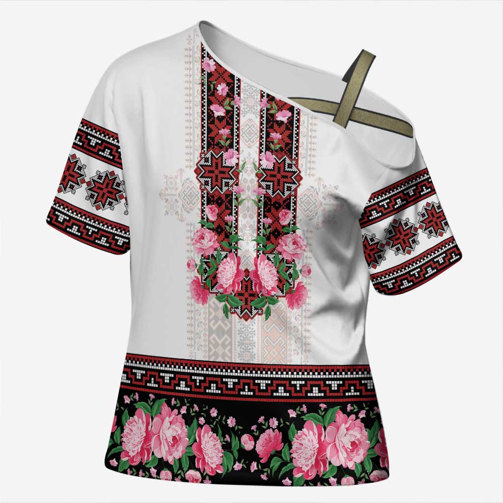 Red Romanian National Costume Cross Shoulder Shirt Peony Flowers Traditional Folk Pattern - Wonder Print Shop