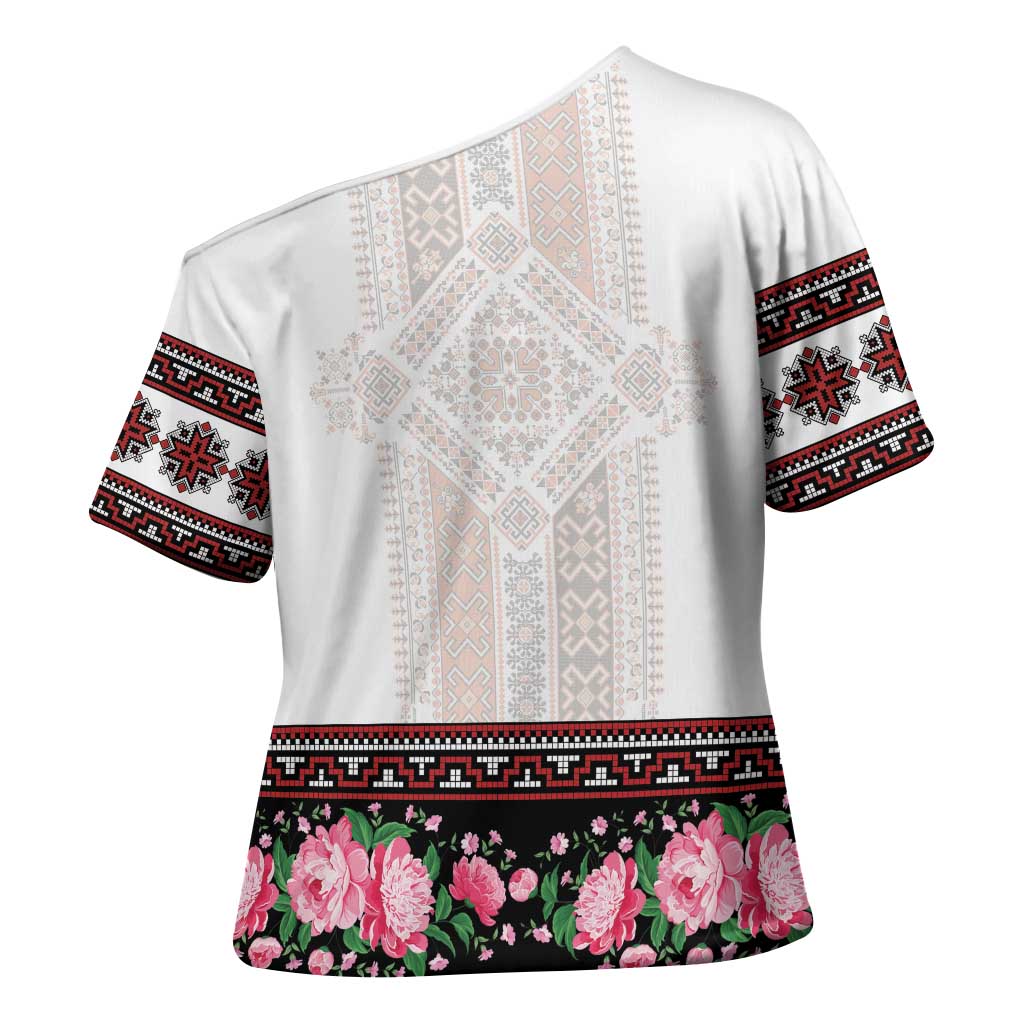 Red Romanian National Costume Cross Shoulder Shirt Peony Flowers Traditional Folk Pattern - Wonder Print Shop