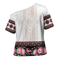 Red Romanian National Costume Cross Shoulder Shirt Peony Flowers Traditional Folk Pattern - Wonder Print Shop