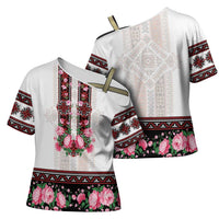 Red Romanian National Costume Cross Shoulder Shirt Peony Flowers Traditional Folk Pattern - Wonder Print Shop