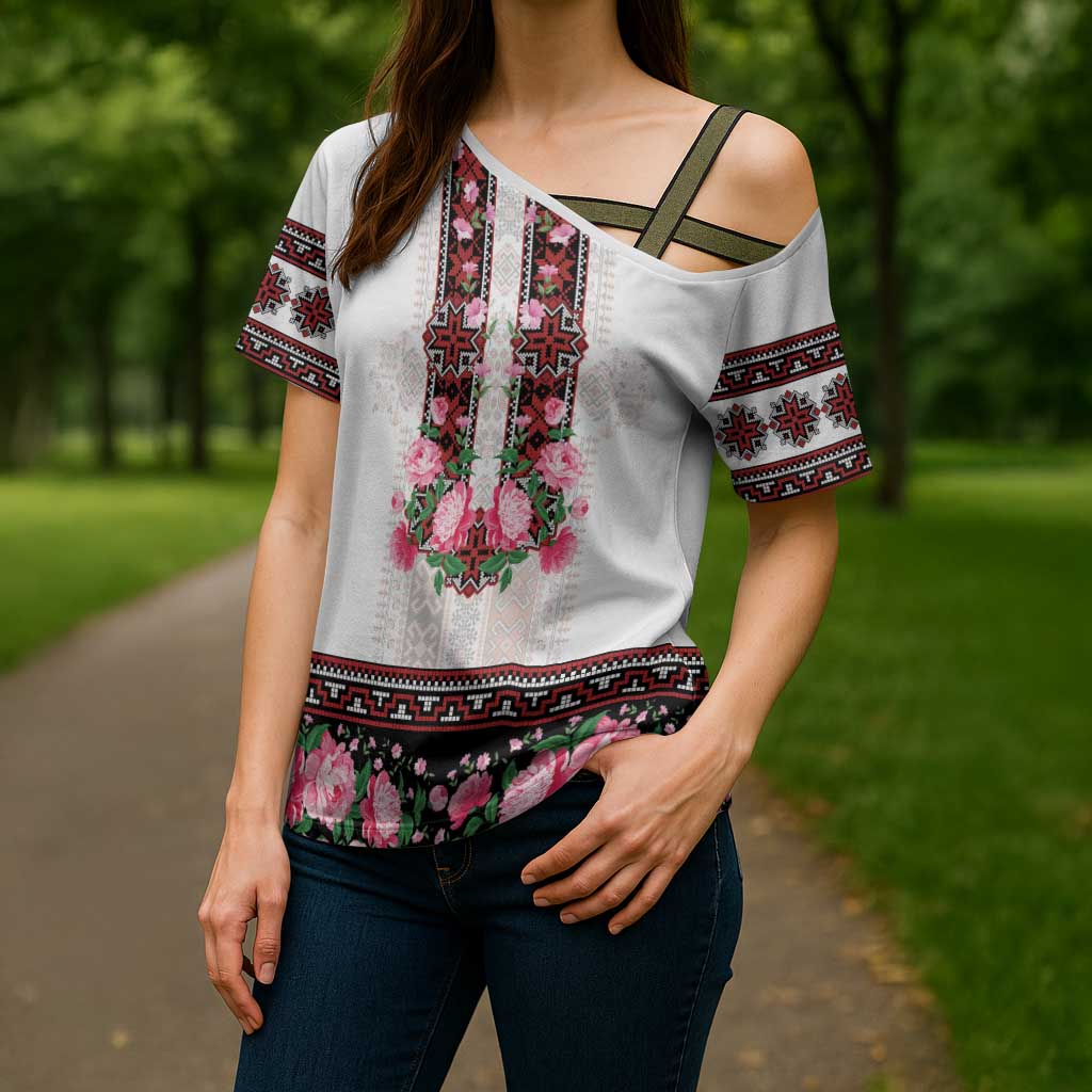 Red Romanian National Costume Cross Shoulder Shirt Peony Flowers Traditional Folk Pattern - Wonder Print Shop