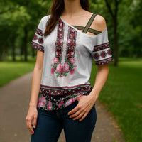 Red Romanian National Costume Cross Shoulder Shirt Peony Flowers Traditional Folk Pattern - Wonder Print Shop