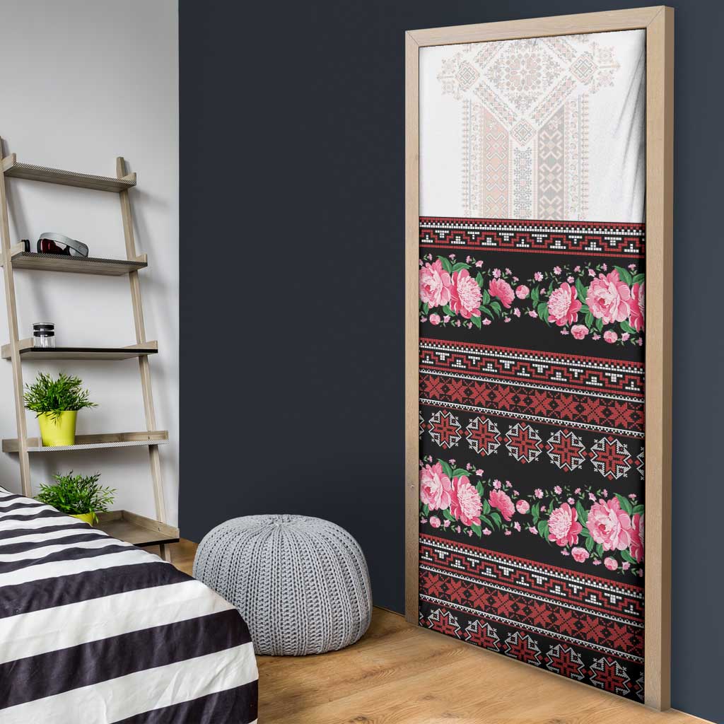 Red Romanian National Costume Door Cover Peony Flowers Traditional Folk Pattern - Wonder Print Shop