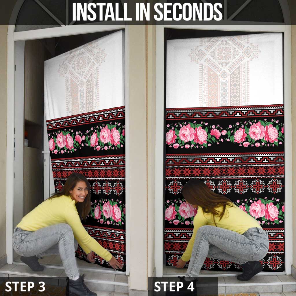 Red Romanian National Costume Door Cover Peony Flowers Traditional Folk Pattern - Wonder Print Shop