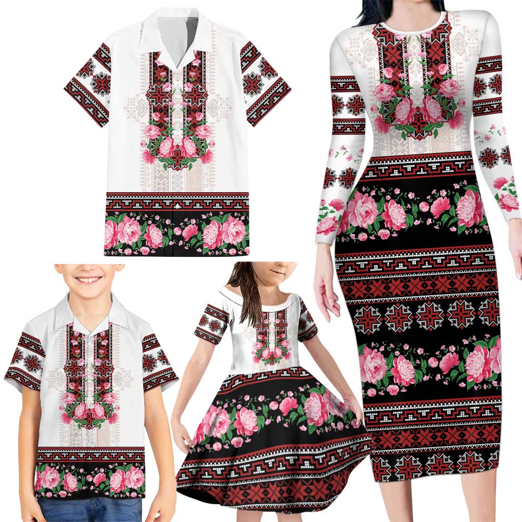 Red Romanian National Costume Family Matching Long Sleeve Bodycon Dress and Hawaiian Shirt Peony Flowers Traditional Folk Pattern - Wonder Print Shop