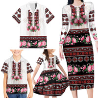 Red Romanian National Costume Family Matching Long Sleeve Bodycon Dress and Hawaiian Shirt Peony Flowers Traditional Folk Pattern - Wonder Print Shop