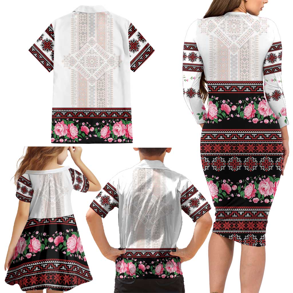 Red Romanian National Costume Family Matching Long Sleeve Bodycon Dress and Hawaiian Shirt Peony Flowers Traditional Folk Pattern - Wonder Print Shop