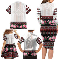 Red Romanian National Costume Family Matching Long Sleeve Bodycon Dress and Hawaiian Shirt Peony Flowers Traditional Folk Pattern - Wonder Print Shop