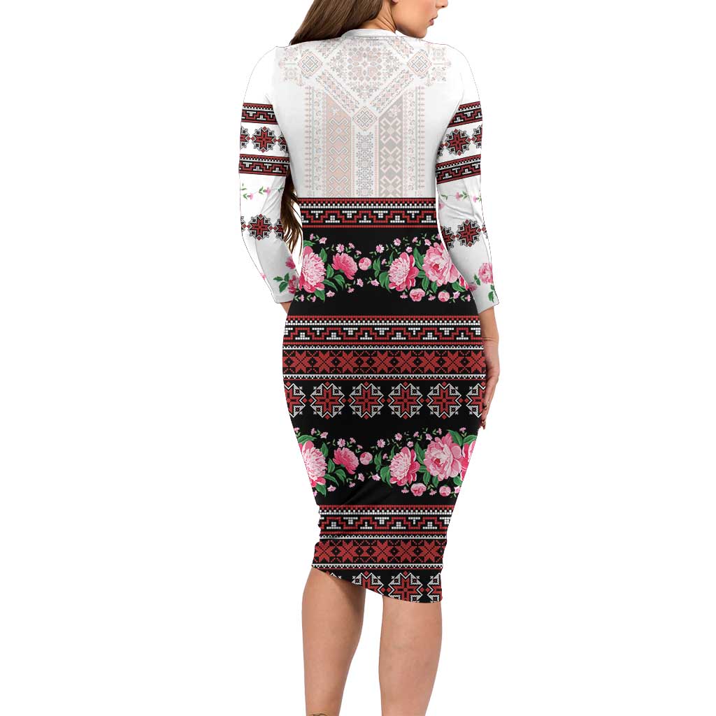 Red Romanian National Costume Family Matching Long Sleeve Bodycon Dress and Hawaiian Shirt Peony Flowers Traditional Folk Pattern - Wonder Print Shop