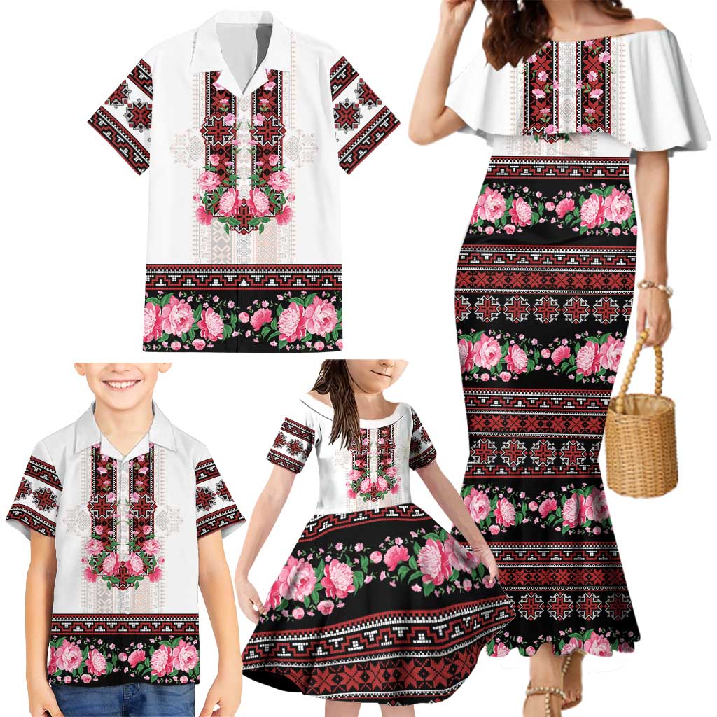 Red Romanian National Costume Family Matching Mermaid Dress and Hawaiian Shirt Peony Flowers Traditional Folk Pattern - Wonder Print Shop
