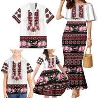Red Romanian National Costume Family Matching Mermaid Dress and Hawaiian Shirt Peony Flowers Traditional Folk Pattern - Wonder Print Shop