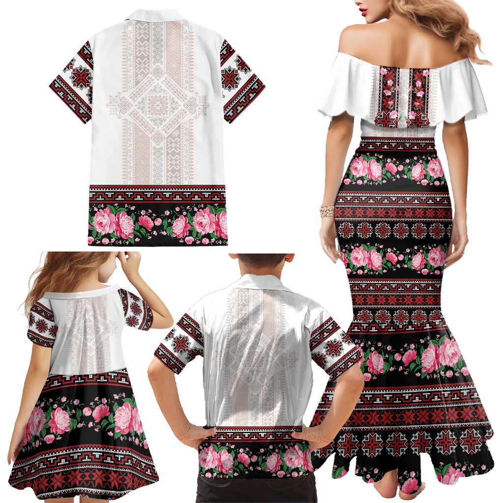 Red Romanian National Costume Family Matching Mermaid Dress and Hawaiian Shirt Peony Flowers Traditional Folk Pattern - Wonder Print Shop