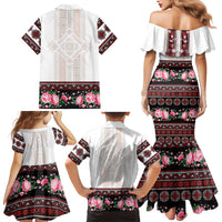 Red Romanian National Costume Family Matching Mermaid Dress and Hawaiian Shirt Peony Flowers Traditional Folk Pattern - Wonder Print Shop