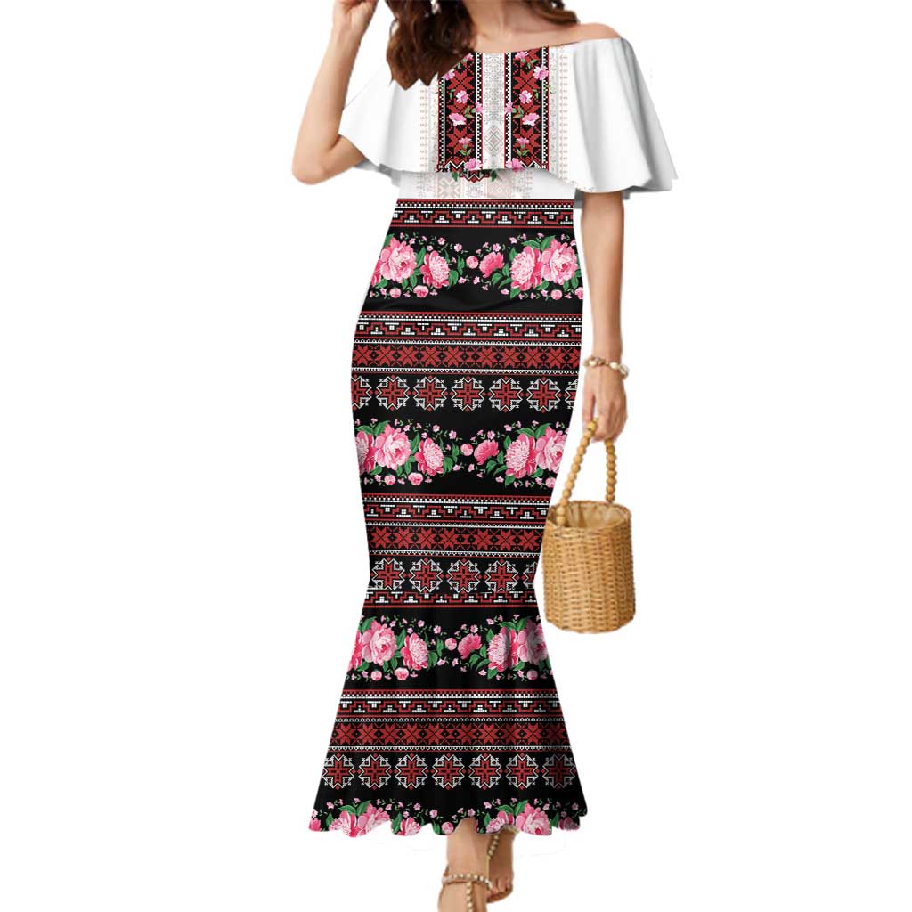 Red Romanian National Costume Family Matching Mermaid Dress and Hawaiian Shirt Peony Flowers Traditional Folk Pattern - Wonder Print Shop