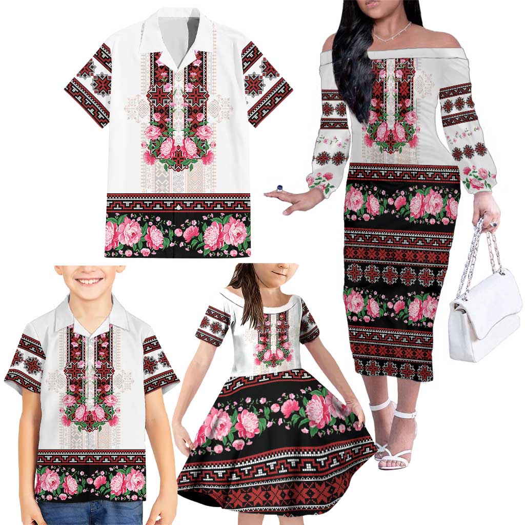Red Romanian National Costume Family Matching Off The Shoulder Long Sleeve Dress and Hawaiian Shirt Peony Flowers Traditional Folk Pattern - Wonder Print Shop