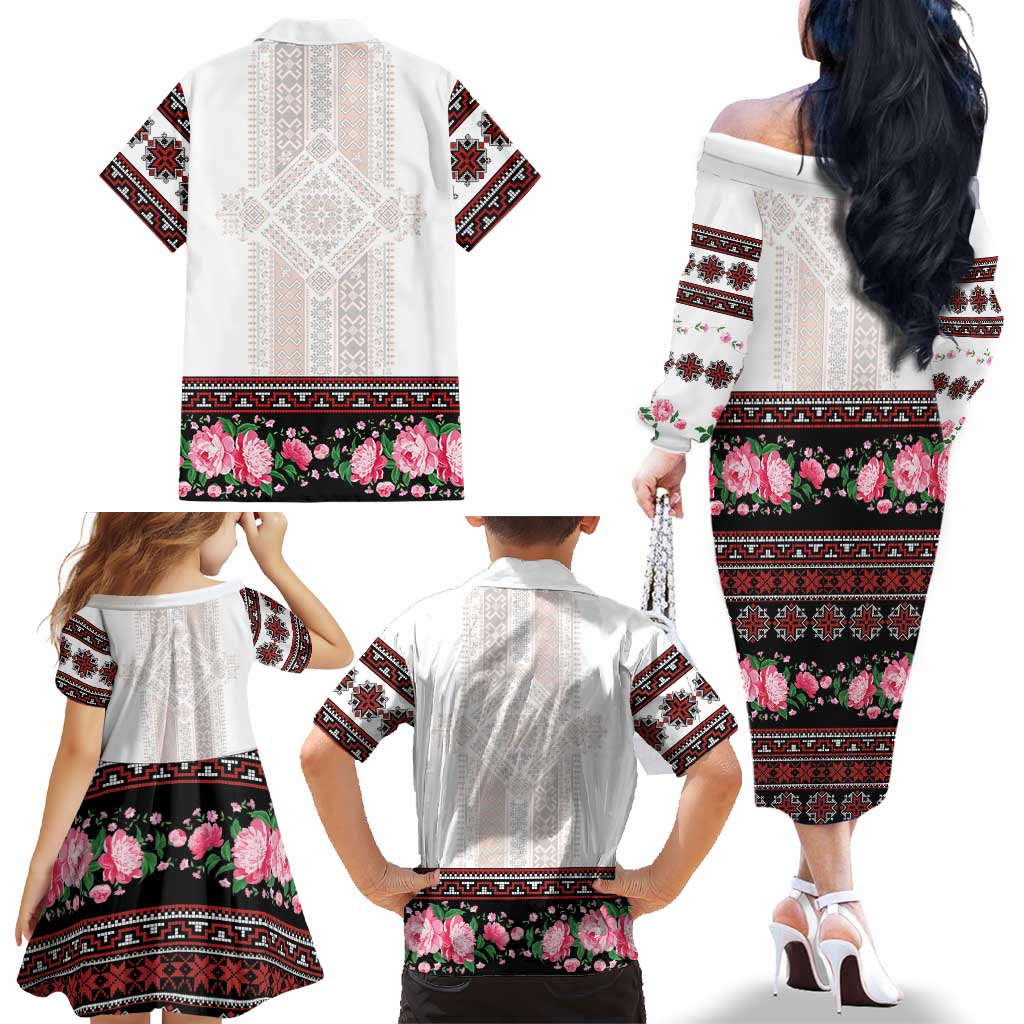 Red Romanian National Costume Family Matching Off The Shoulder Long Sleeve Dress and Hawaiian Shirt Peony Flowers Traditional Folk Pattern - Wonder Print Shop