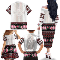 Red Romanian National Costume Family Matching Off The Shoulder Long Sleeve Dress and Hawaiian Shirt Peony Flowers Traditional Folk Pattern - Wonder Print Shop