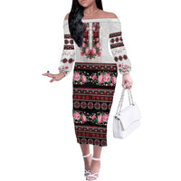 Red Romanian National Costume Family Matching Off The Shoulder Long Sleeve Dress and Hawaiian Shirt Peony Flowers Traditional Folk Pattern - Wonder Print Shop