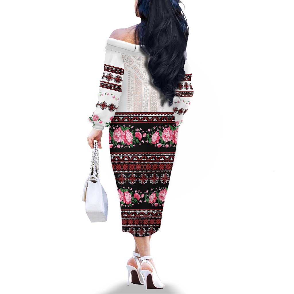 Red Romanian National Costume Family Matching Off The Shoulder Long Sleeve Dress and Hawaiian Shirt Peony Flowers Traditional Folk Pattern - Wonder Print Shop
