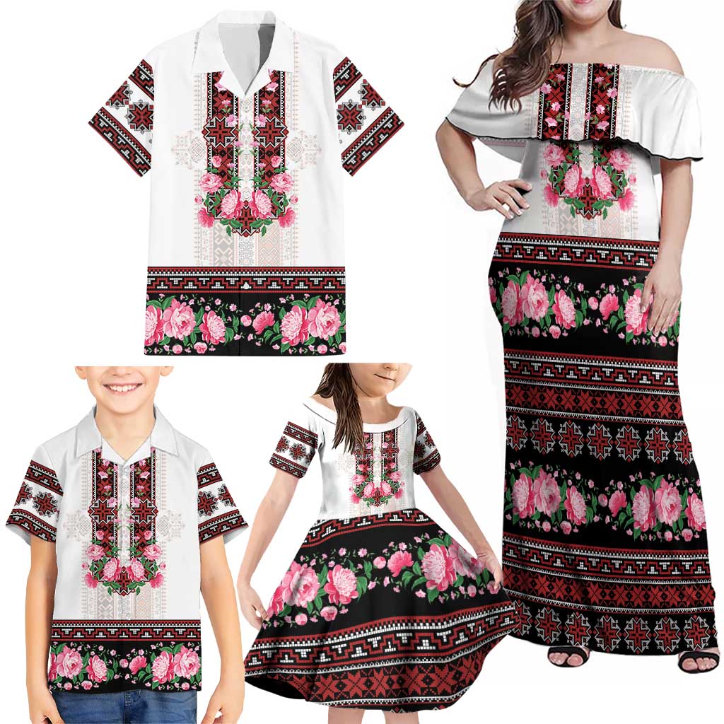 Red Romanian National Costume Family Matching Off Shoulder Maxi Dress and Hawaiian Shirt Peony Flowers Traditional Folk Pattern - Wonder Print Shop