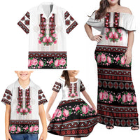 Red Romanian National Costume Family Matching Off Shoulder Maxi Dress and Hawaiian Shirt Peony Flowers Traditional Folk Pattern - Wonder Print Shop