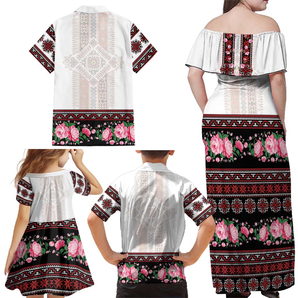 Red Romanian National Costume Family Matching Off Shoulder Maxi Dress and Hawaiian Shirt Peony Flowers Traditional Folk Pattern - Wonder Print Shop