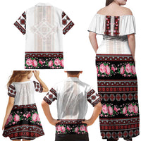 Red Romanian National Costume Family Matching Off Shoulder Maxi Dress and Hawaiian Shirt Peony Flowers Traditional Folk Pattern - Wonder Print Shop