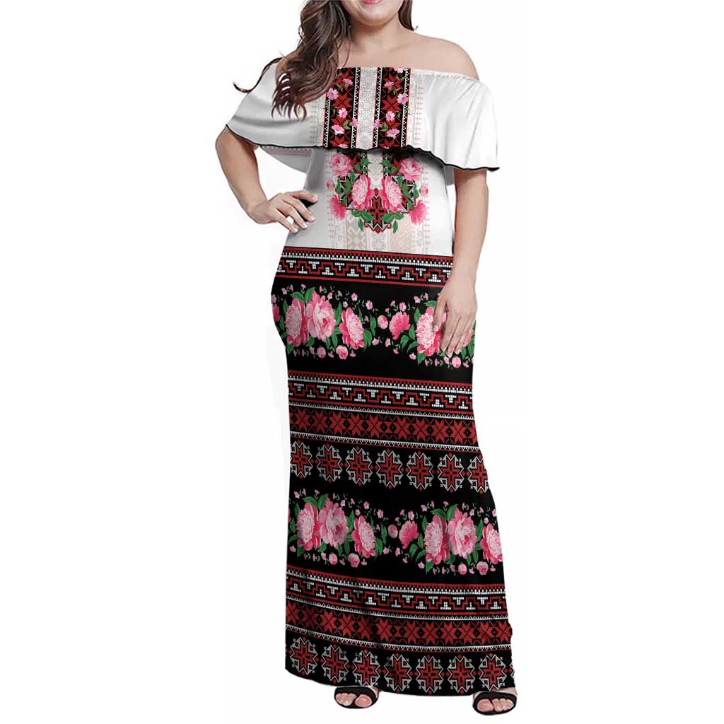 Red Romanian National Costume Family Matching Off Shoulder Maxi Dress and Hawaiian Shirt Peony Flowers Traditional Folk Pattern - Wonder Print Shop