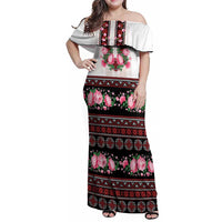Red Romanian National Costume Family Matching Off Shoulder Maxi Dress and Hawaiian Shirt Peony Flowers Traditional Folk Pattern - Wonder Print Shop