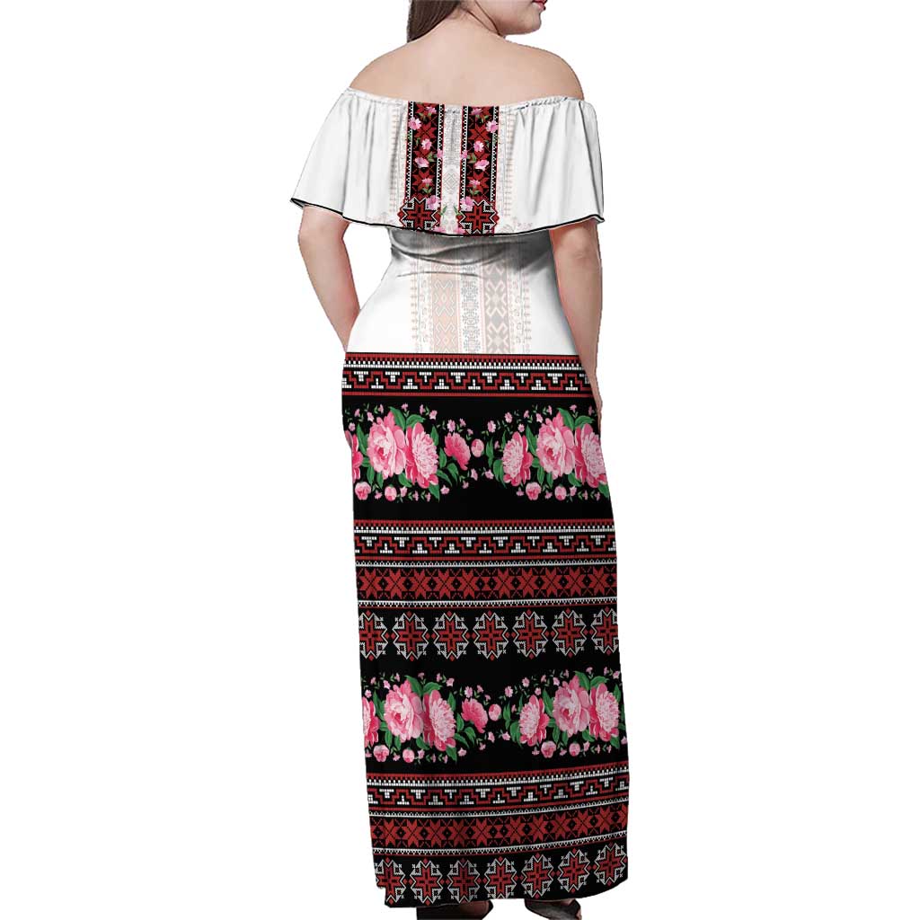 Red Romanian National Costume Family Matching Off Shoulder Maxi Dress and Hawaiian Shirt Peony Flowers Traditional Folk Pattern - Wonder Print Shop