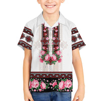 Red Romanian National Costume Family Matching Off Shoulder Maxi Dress and Hawaiian Shirt Peony Flowers Traditional Folk Pattern - Wonder Print Shop