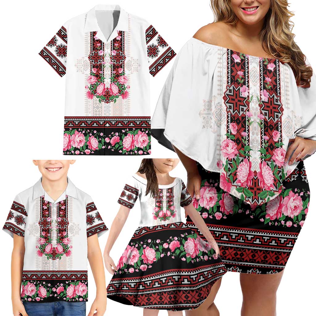 Red Romanian National Costume Family Matching Off Shoulder Short Dress and Hawaiian Shirt Peony Flowers Traditional Folk Pattern - Wonder Print Shop