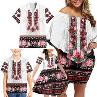 Red Romanian National Costume Family Matching Off Shoulder Short Dress and Hawaiian Shirt Peony Flowers Traditional Folk Pattern - Wonder Print Shop