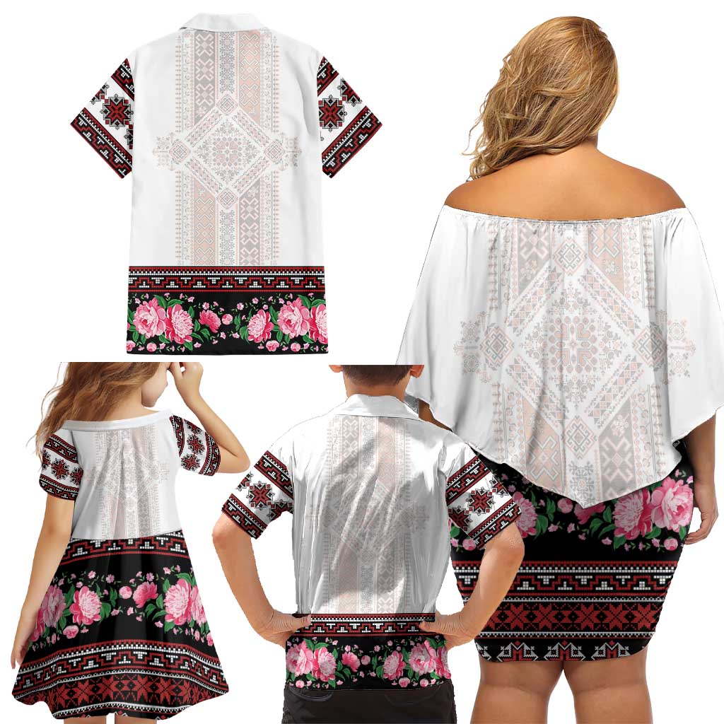 Red Romanian National Costume Family Matching Off Shoulder Short Dress and Hawaiian Shirt Peony Flowers Traditional Folk Pattern - Wonder Print Shop