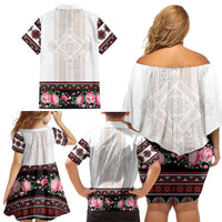 Red Romanian National Costume Family Matching Off Shoulder Short Dress and Hawaiian Shirt Peony Flowers Traditional Folk Pattern - Wonder Print Shop