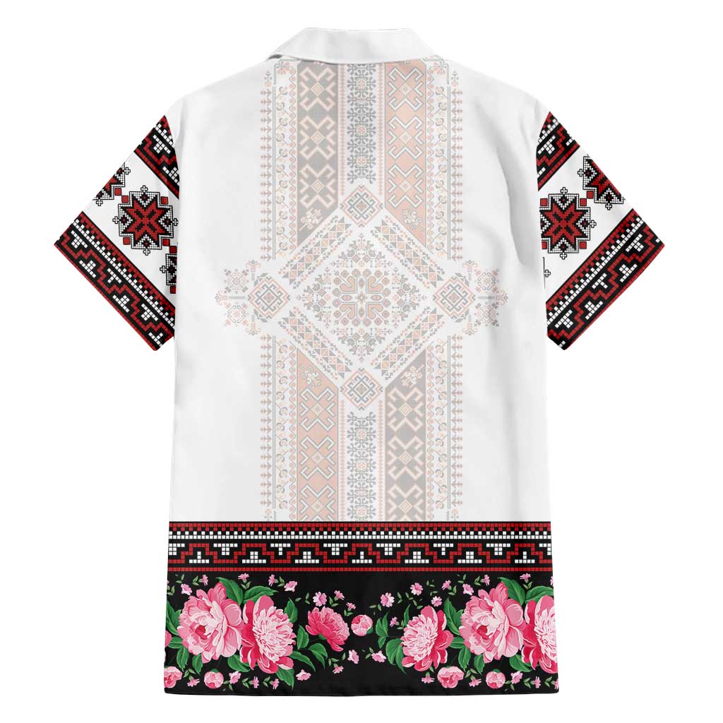 Red Romanian National Costume Family Matching Off Shoulder Short Dress and Hawaiian Shirt Peony Flowers Traditional Folk Pattern - Wonder Print Shop