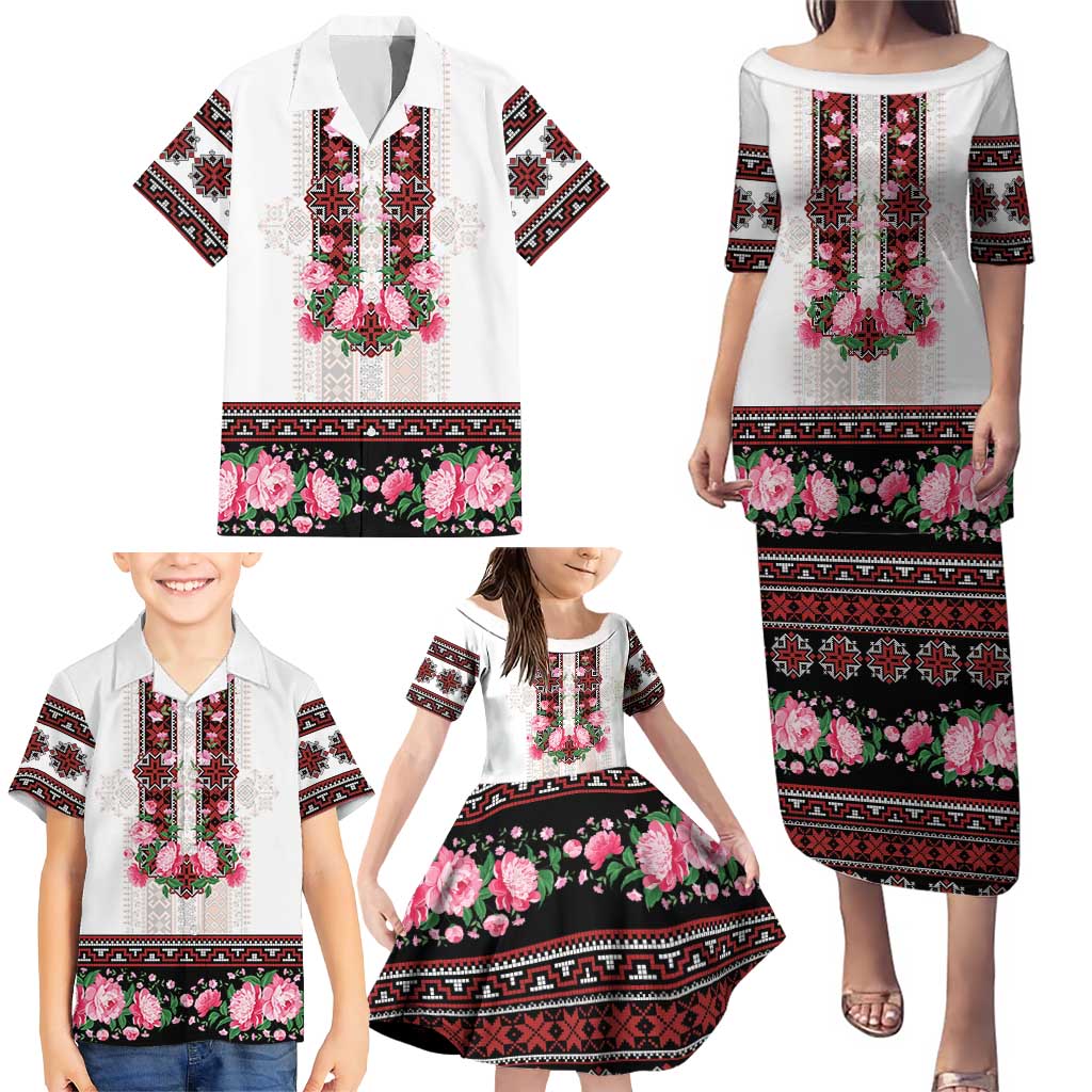 Red Romanian National Costume Family Matching Puletasi and Hawaiian Shirt Peony Flowers Traditional Folk Pattern - Wonder Print Shop