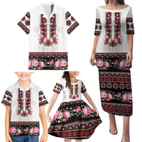 Red Romanian National Costume Family Matching Puletasi and Hawaiian Shirt Peony Flowers Traditional Folk Pattern - Wonder Print Shop